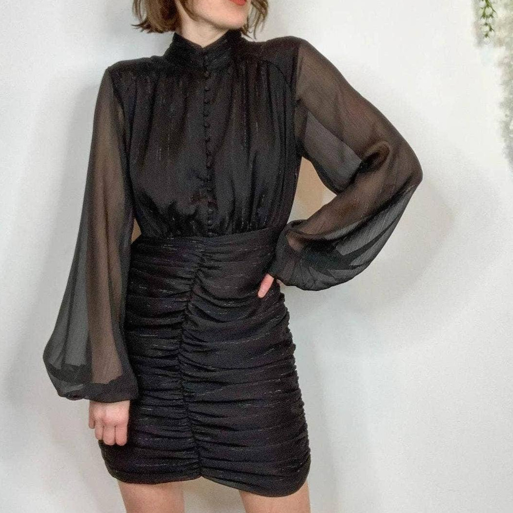 House Of Harlow Ruched Dress‎ Black Metallic Balloon Sheer Sleeves Sz 10